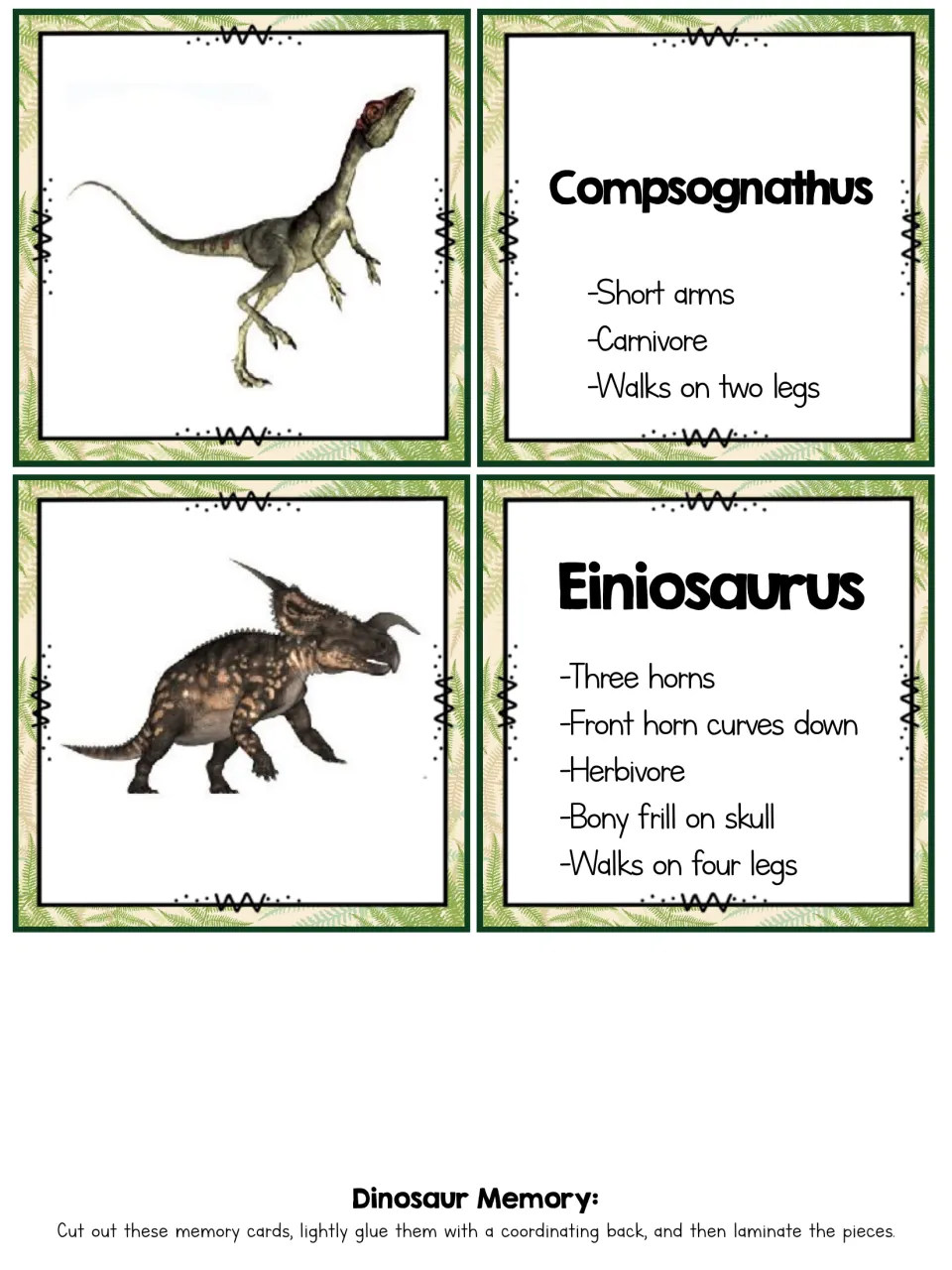 Dinosaur matching cards: Compsognathus and Einiosaurus photos with fact cards on short arms, three horns and a bony frill