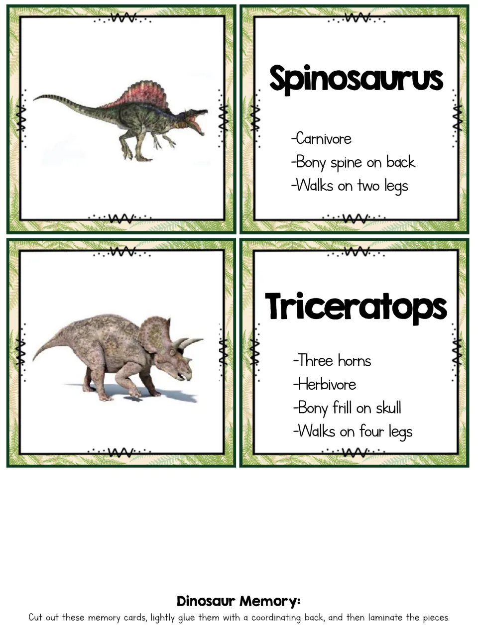 Dinosaur matching cards: Spinosaurus and Triceratops photos with facts on bony spine, three horns and two or four legs