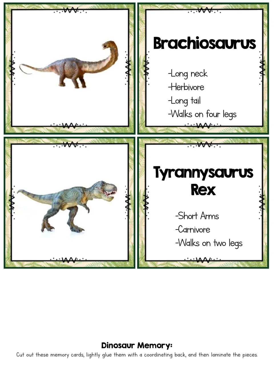 Dinosaur matching cards: Brachiosaurus and Tyrannosaurus Rex photos with facts on long neck, long tail, short arms and diet