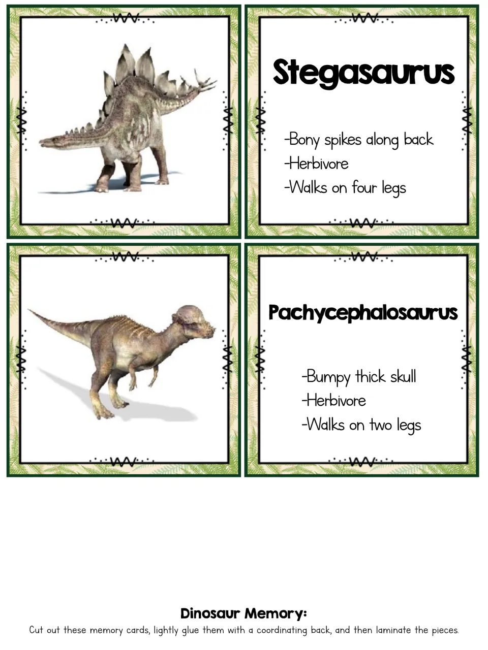 Dinosaur matching cards: Stegasaurus and Pachycephalosaurus photos with facts on back spikes, a bumpy thick skull and legs