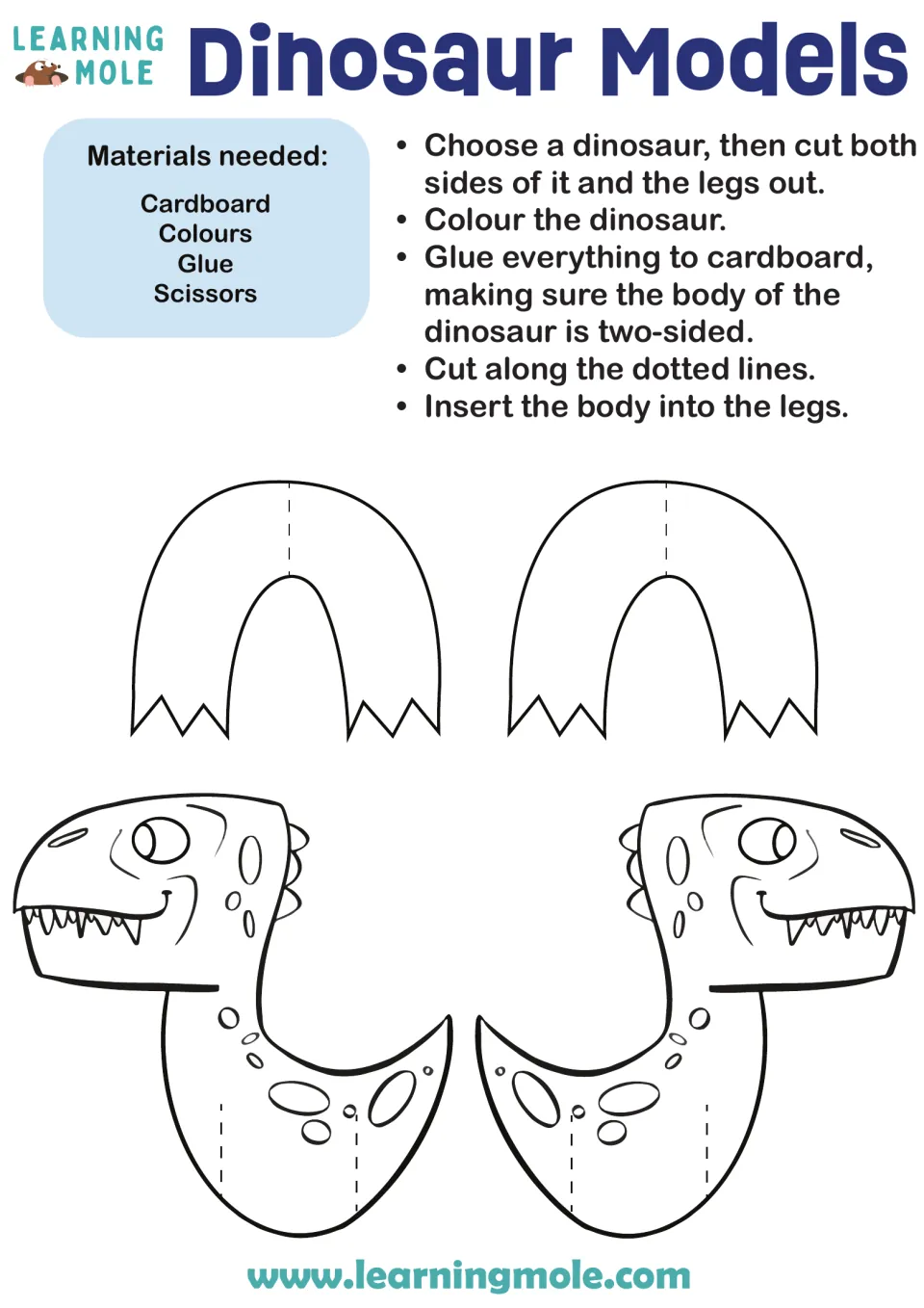 Dinosaur model craft: materials list and steps, plus toothy dinosaur body halves and leg cut-out pieces to colour and cut