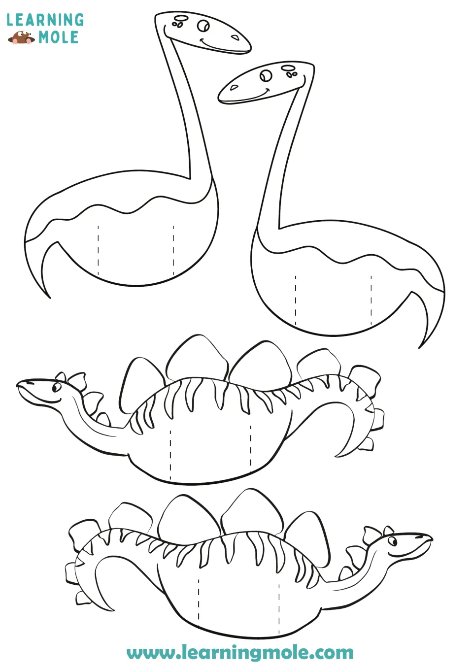 Long-necked dinosaur and stegosaurus cut-out pieces, two mirrored sides each, with dotted slits for attaching the legs