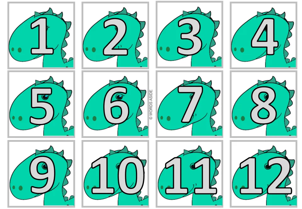 Twelve dinosaur number cards displaying 1 through 12 in gray, part of the multiplication-by-1 card set