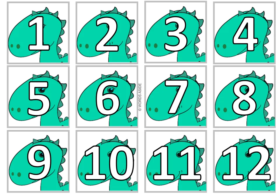 Twelve dinosaur number cards displaying 1 through 12 in white, part of the multiplication-by-1 card set