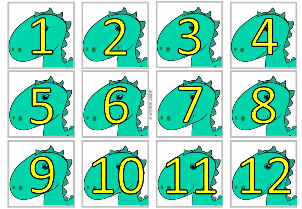 Twelve dinosaur number cards displaying 1 through 12 in yellow, part of the multiplication-by-1 card set