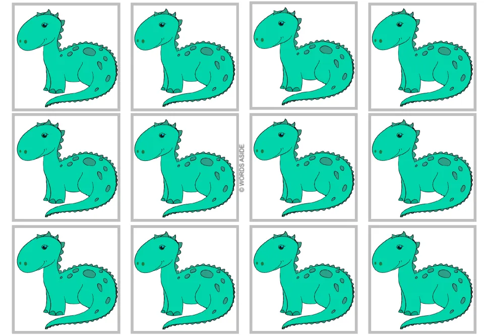 Twelve full-body dinosaur cards without numbers or equations, part of the multiplication-by-1 card set