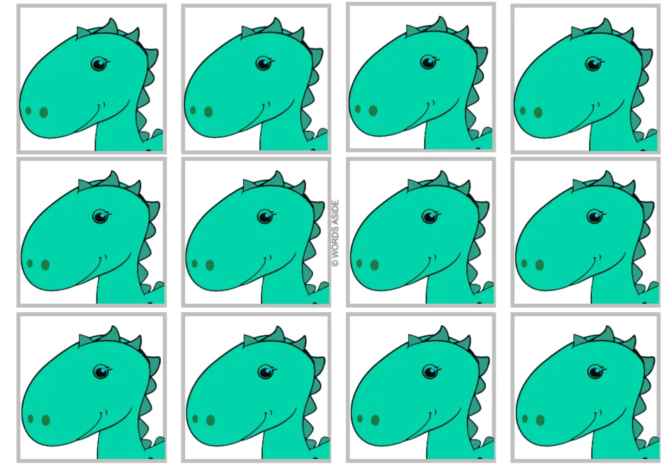Twelve dinosaur head cards without numbers or equations, included in the multiplication-by-1 card set