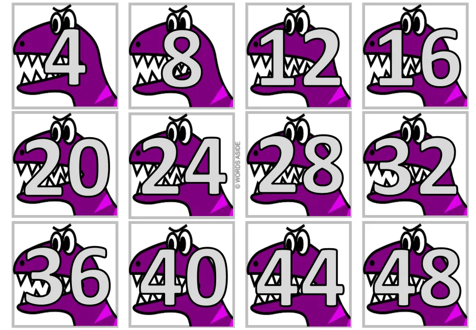 First sheet of 12 multiplication product cards showing multiples of 4 from 4 through 48 in gray numerals