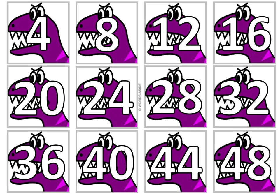 Second sheet of 12 multiplication product cards repeating multiples of 4 from 4 through 48 in gray numerals