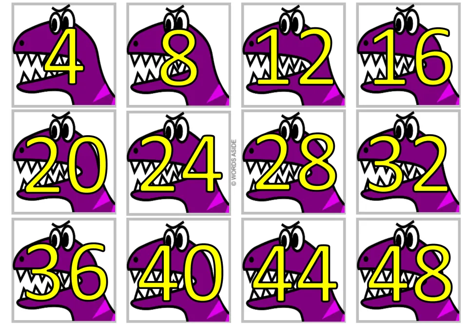 Third sheet of 12 multiplication product cards showing multiples of 4 from 4 through 48 in yellow numerals