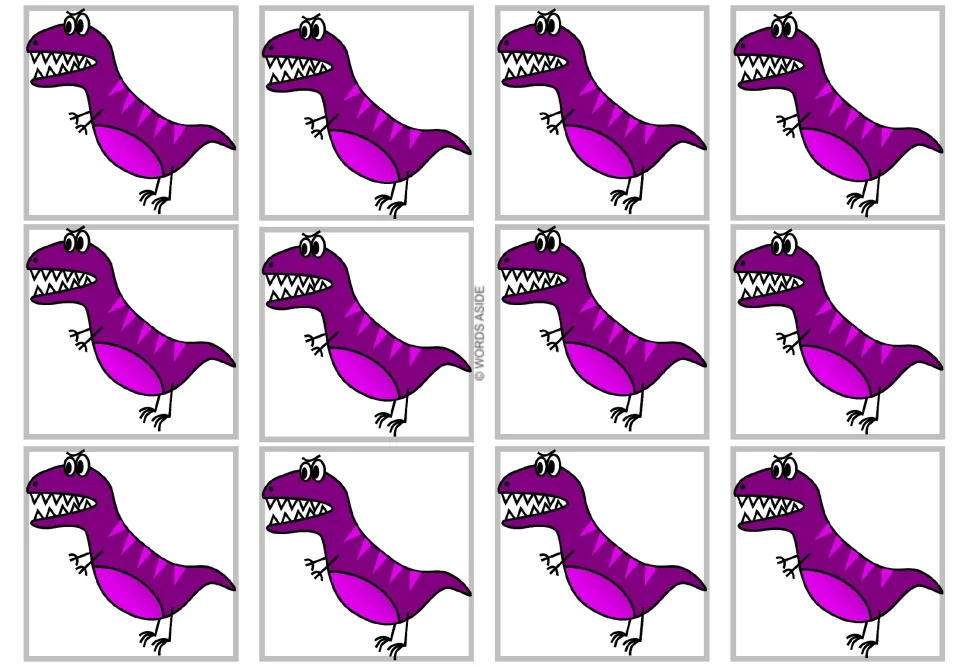Twelve cards without text in the multiplication-by-4 resource, each showing a full-body purple dinosaur