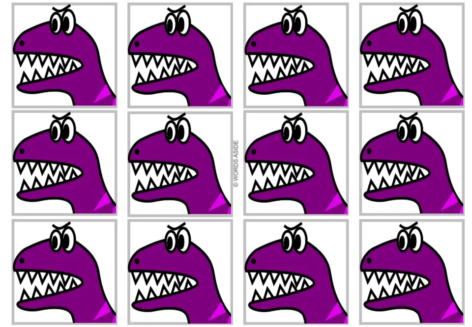 Twelve cards without text in the multiplication-by-4 resource, each showing a close-up purple dinosaur head