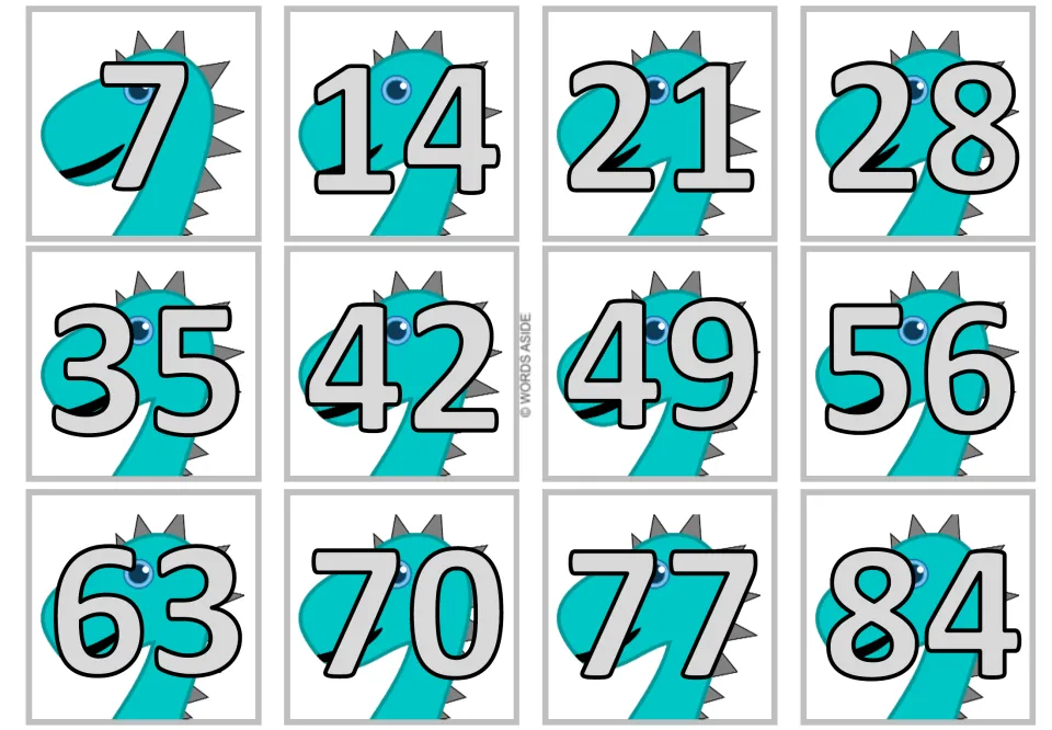First product card sheet for the dinosaur multiplication set: multiples of 7 from 7 to 84 in gray