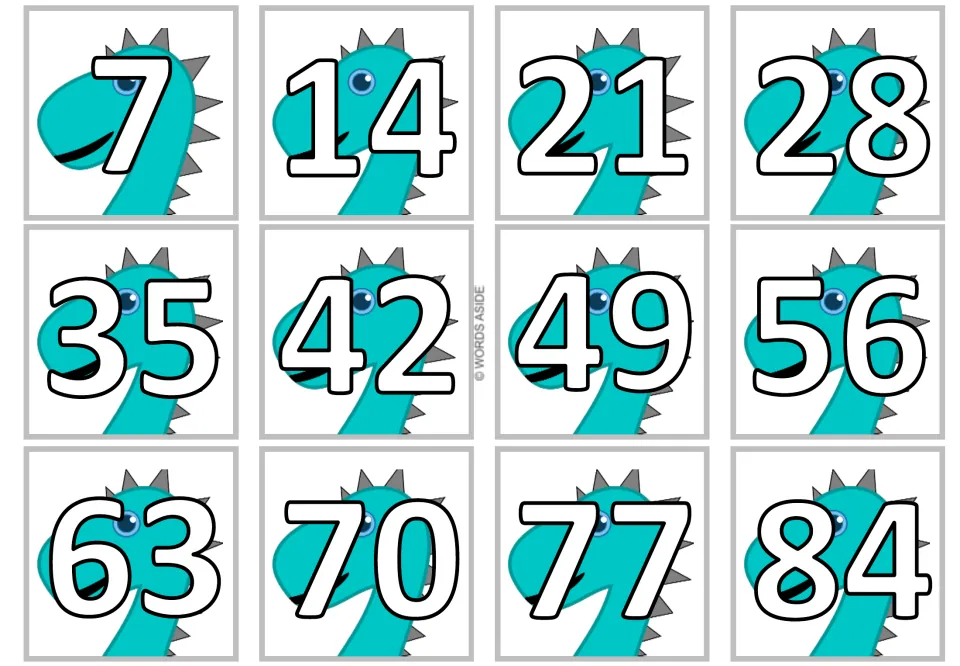 Second product card sheet for the dinosaur multiplication set: multiples of 7 from 7 to 84 in white