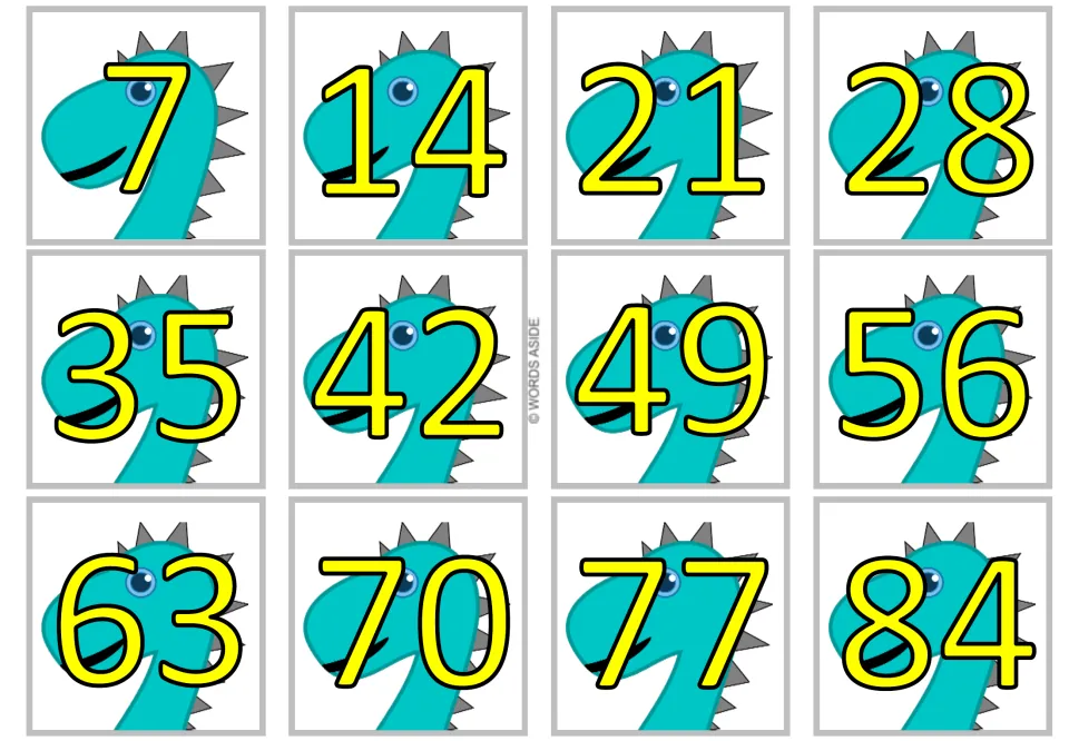 Third product card sheet for the dinosaur multiplication set: multiples of 7 from 7 to 84 in yellow