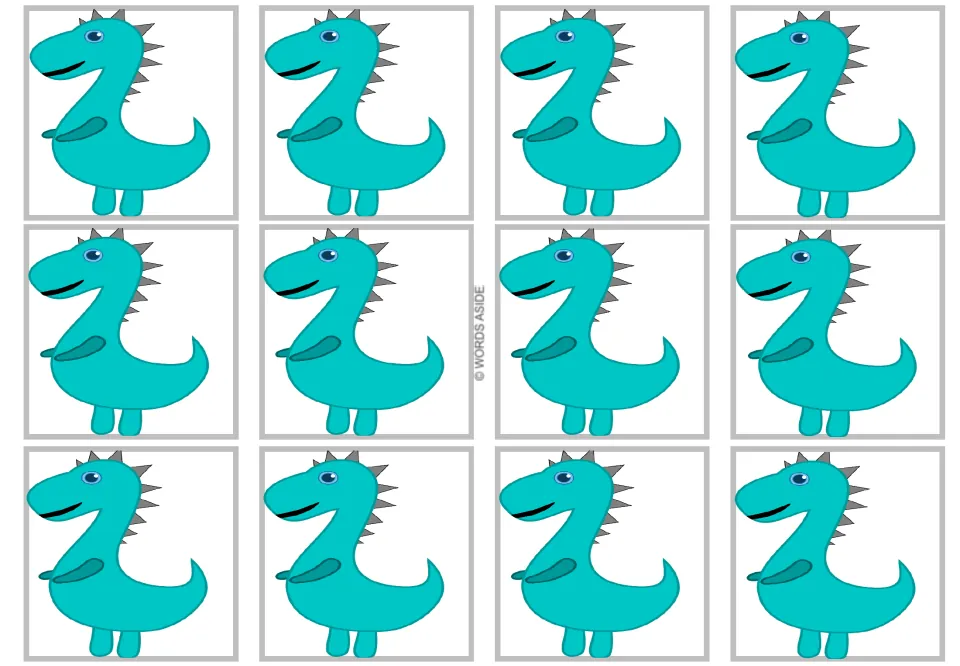Twelve full-body dinosaur cards without numbers or expressions, part of the multiplication matching set