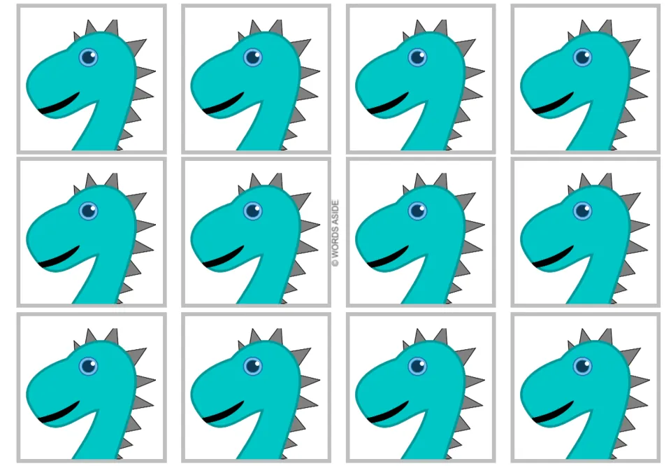 Twelve dinosaur head cards without numbers or expressions, part of the multiplication matching set