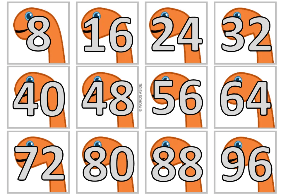 Product cards for the 8 times table show gray numbers: 8, 16, 24, 32, 40, 48, 56, 64, 72, 80, 88 and 96.