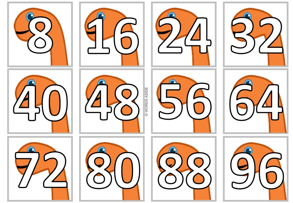 Product cards for the 8 times table show white numbers: 8, 16, 24, 32, 40, 48, 56, 64, 72, 80, 88 and 96.