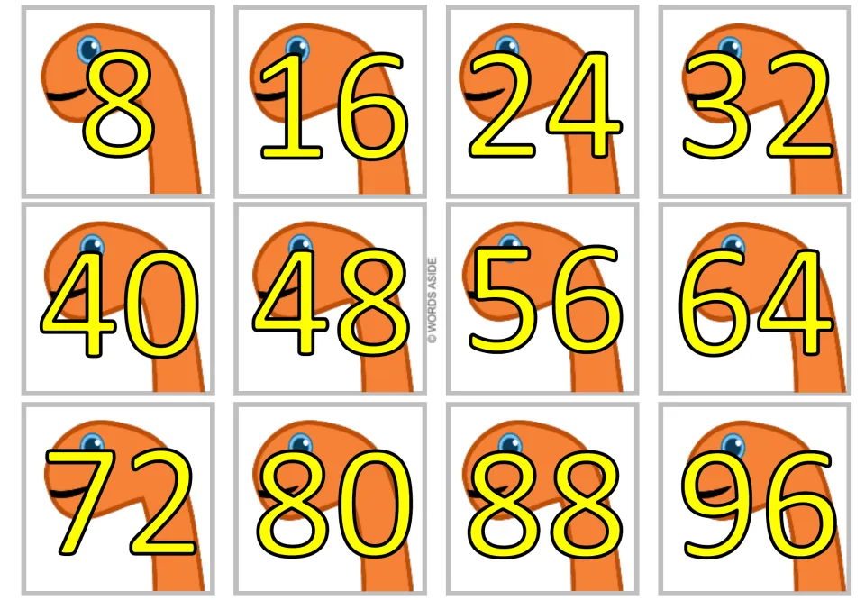 Product cards for the 8 times table show yellow numbers: 8, 16, 24, 32, 40, 48, 56, 64, 72, 80, 88 and 96.