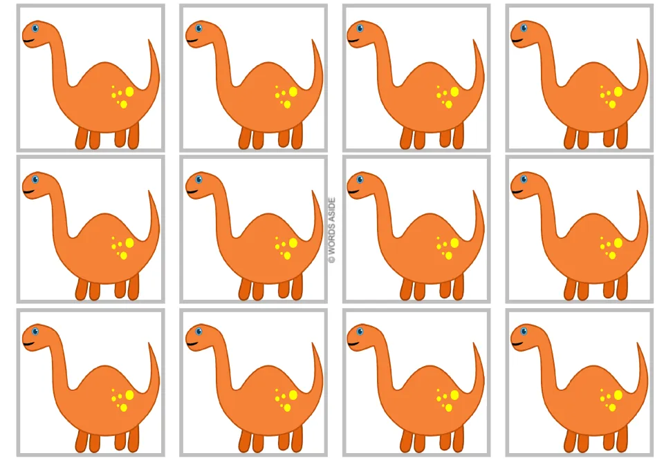 Twelve dinosaur cards without text in the ×8 multiplication set, each showing a full orange dinosaur.