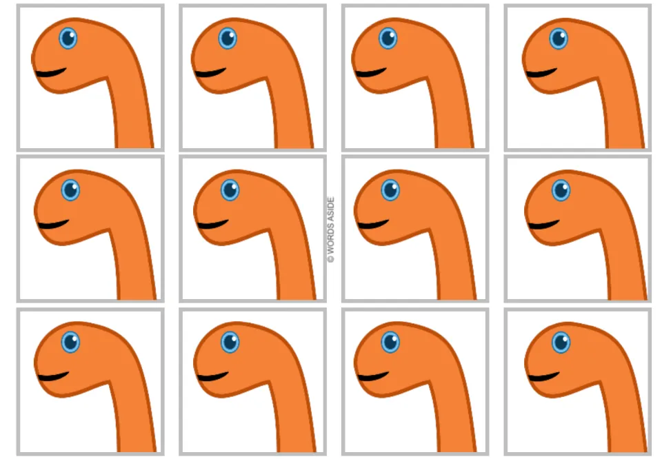 Twelve dinosaur cards without text in the ×8 multiplication set, each showing an orange head and neck.