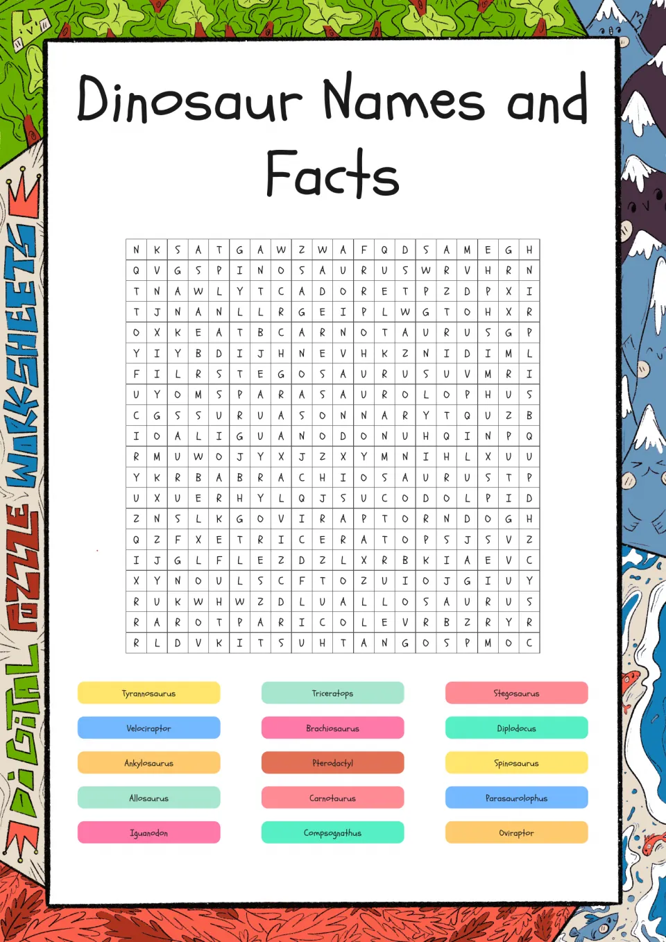 Dinosaur names word search: students find 15 names such as Tyrannosaurus, Triceratops and Velociraptor in the letters