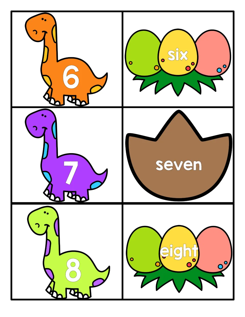 Numbers 6 to 8: students match dinosaurs showing 6, 7 and 8 to egg cards with the number words six, seven and eight