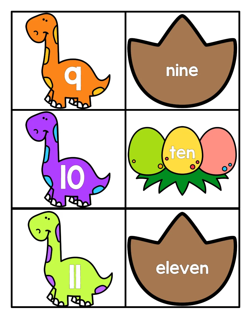 Numbers 9 to 11: students connect dinosaur numeral cards 9, 10 and 11 to egg cards reading nine, ten and eleven
