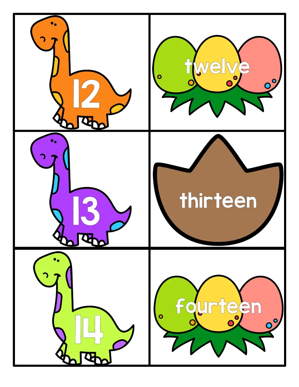 Numbers 12 to 14: students match dinosaurs numbered 12, 13 and 14 to the egg cards spelling twelve, thirteen, fourteen