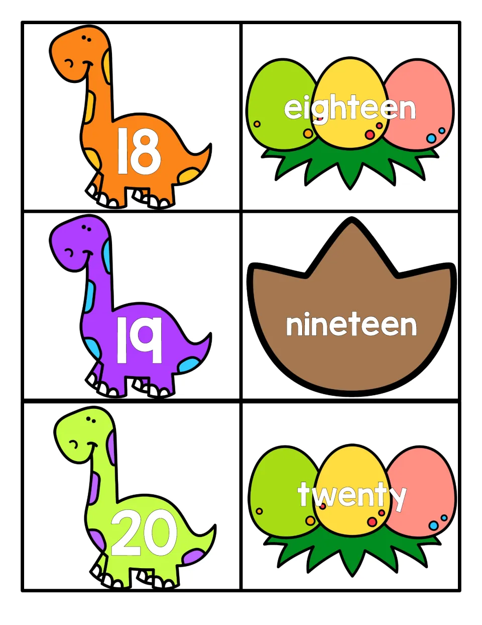 Numbers 18 to 20: students match dinosaurs showing 18, 19 and 20 to egg cards with the words eighteen, nineteen, twenty