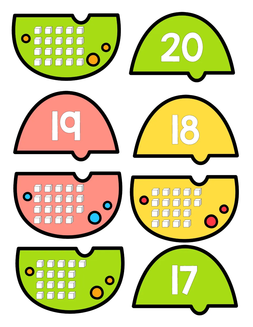 Number puzzles 20 to 17: students cut out numeral tops and match each to the half showing that many unit cubes