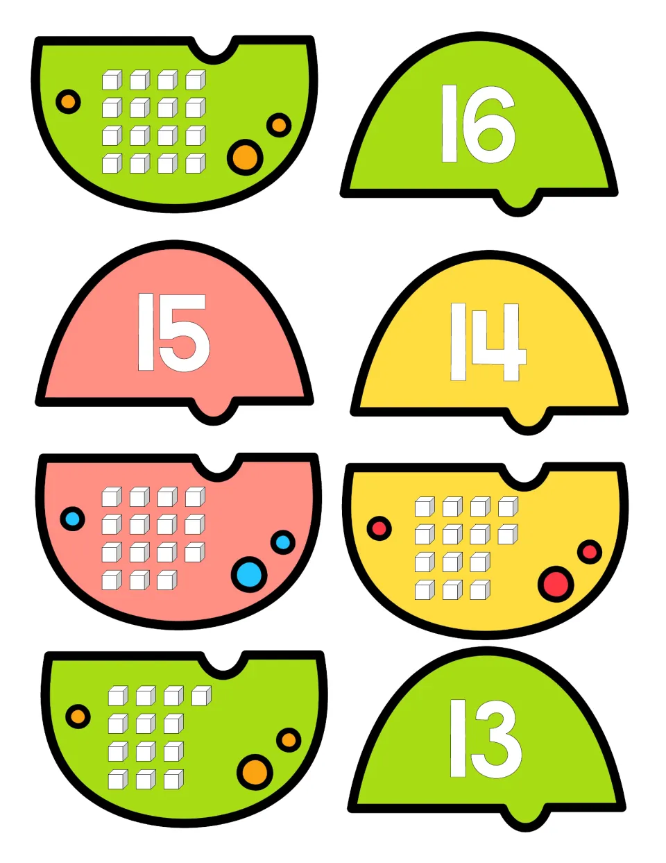 Number puzzles 16 to 13: numeral pieces pair with halves showing 16, 15, 14 and 13 cubes for counting and matching