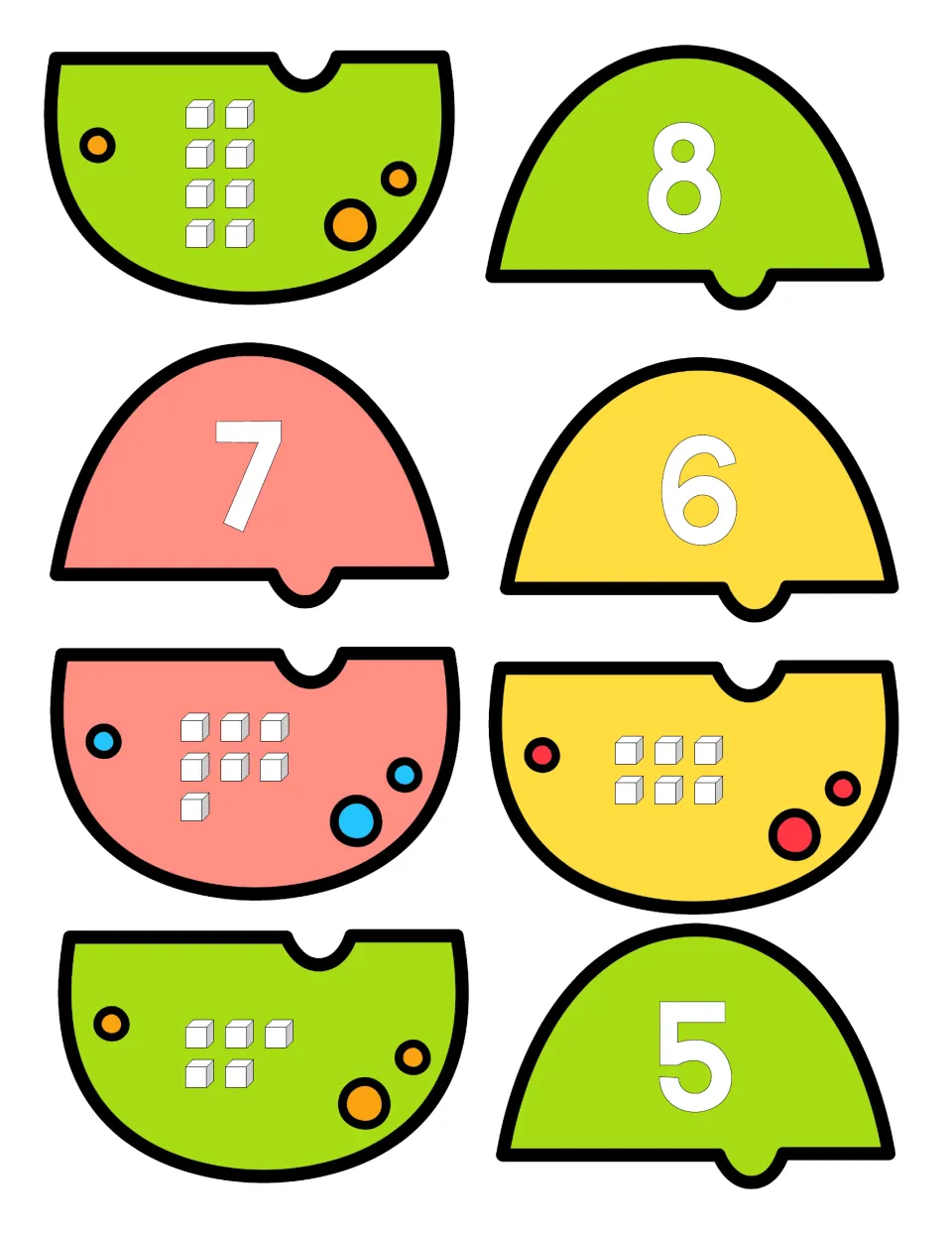 Number puzzles 8 to 5: cube sets of 8, 7, 6 and 5 are matched to numeral pieces to connect quantity with written number