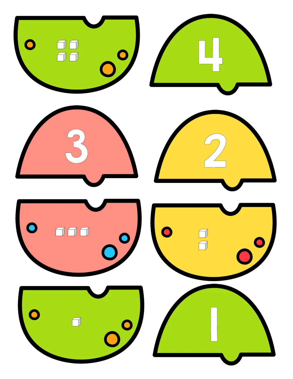 Number puzzles 4 to 1: halves with 4, 3, 2 and 1 cubes pair with numeral pieces for early counting and number recognition