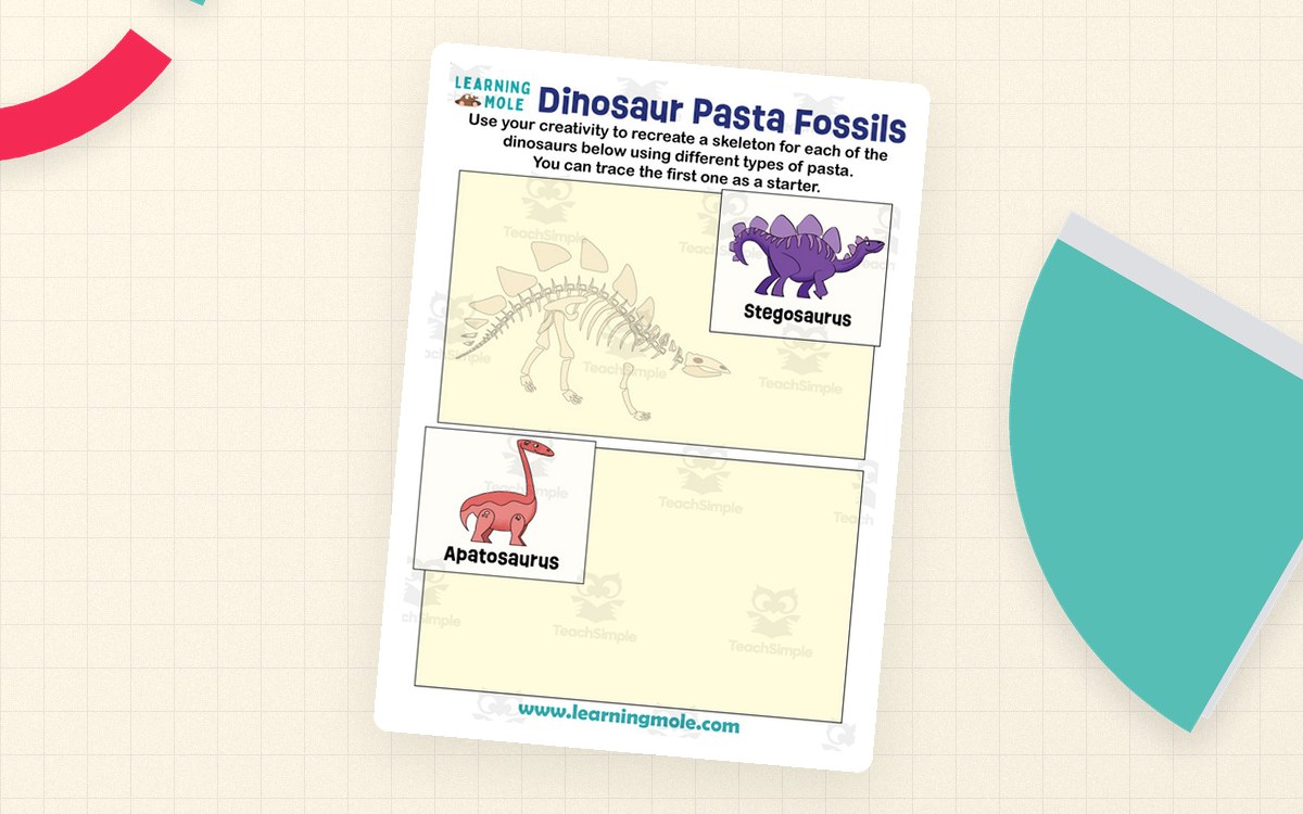 Dinosaur Pasta Fossils worksheet with Stegosaurus and Apatosaurus skeleton outlines for recreating with pasta
