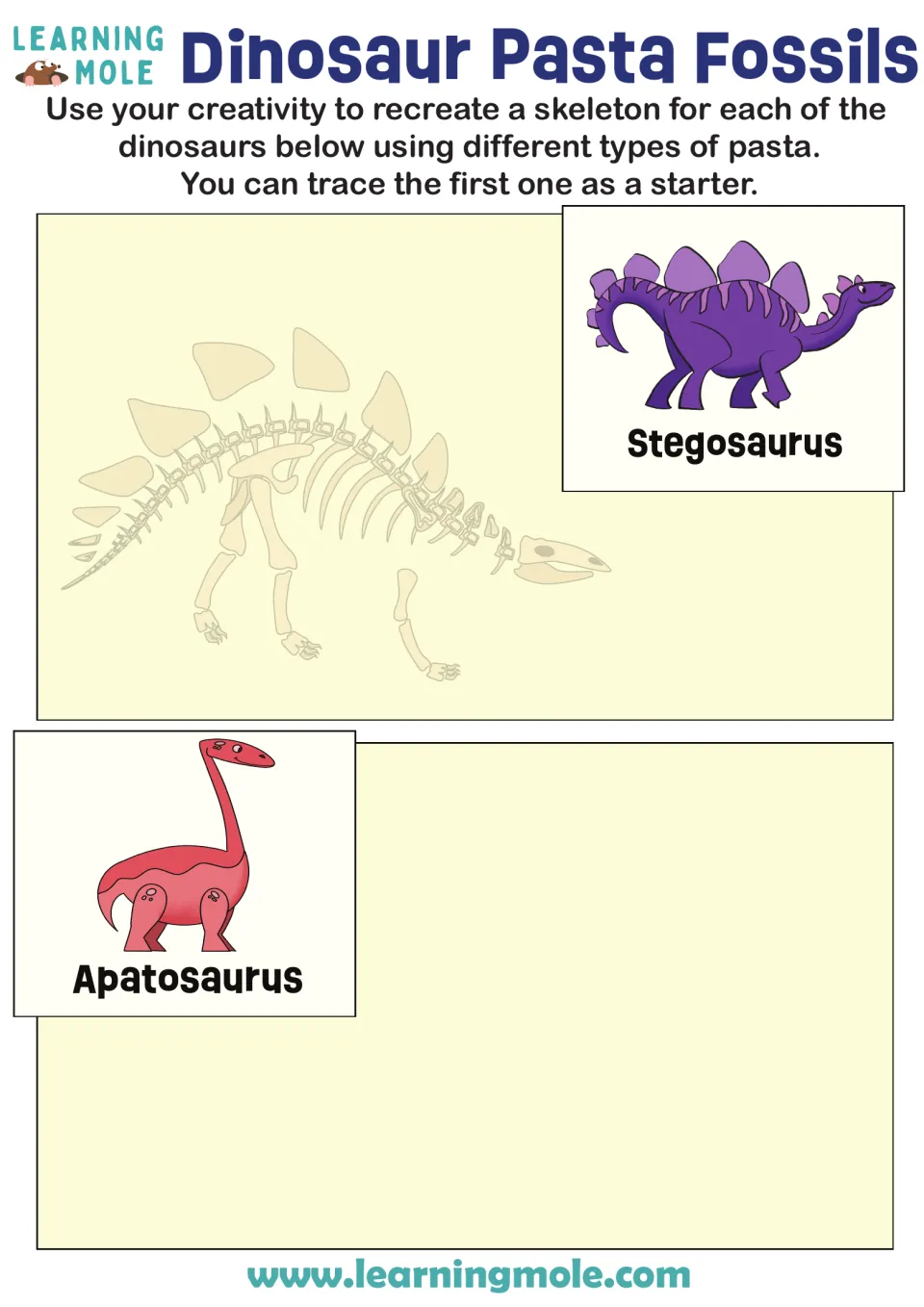 Pasta fossils: students trace a Stegosaurus skeleton outline with pasta, then build an Apatosaurus skeleton on their own