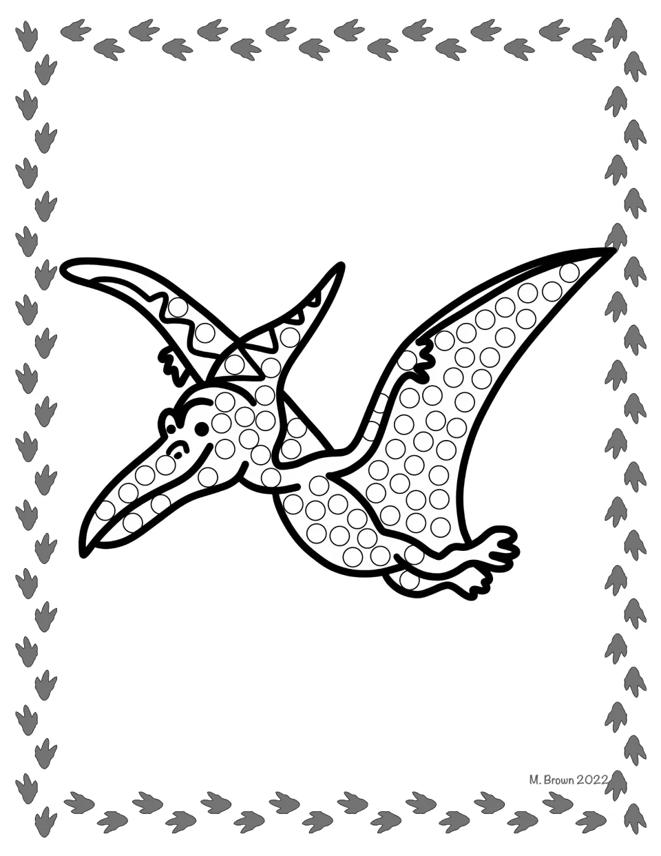Flying pterosaur Q-tip dot art: students dab paint into the empty circles on its wings, head and body