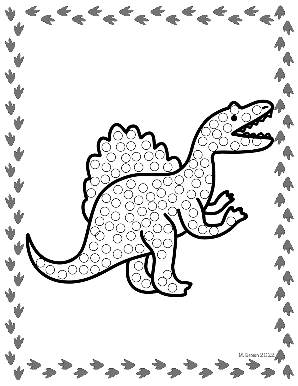 Sail-backed dinosaur Q-tip dot art: students dab paint dots into the circles across its sail, body and tail