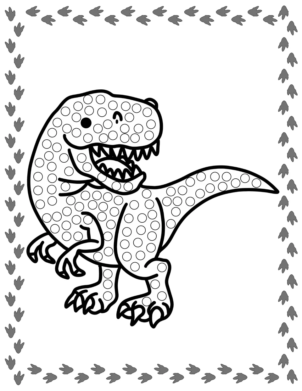 T. rex Q-tip dot art: students fill the circles on a roaring Tyrannosaurus rex's head, body, legs and tail with dots