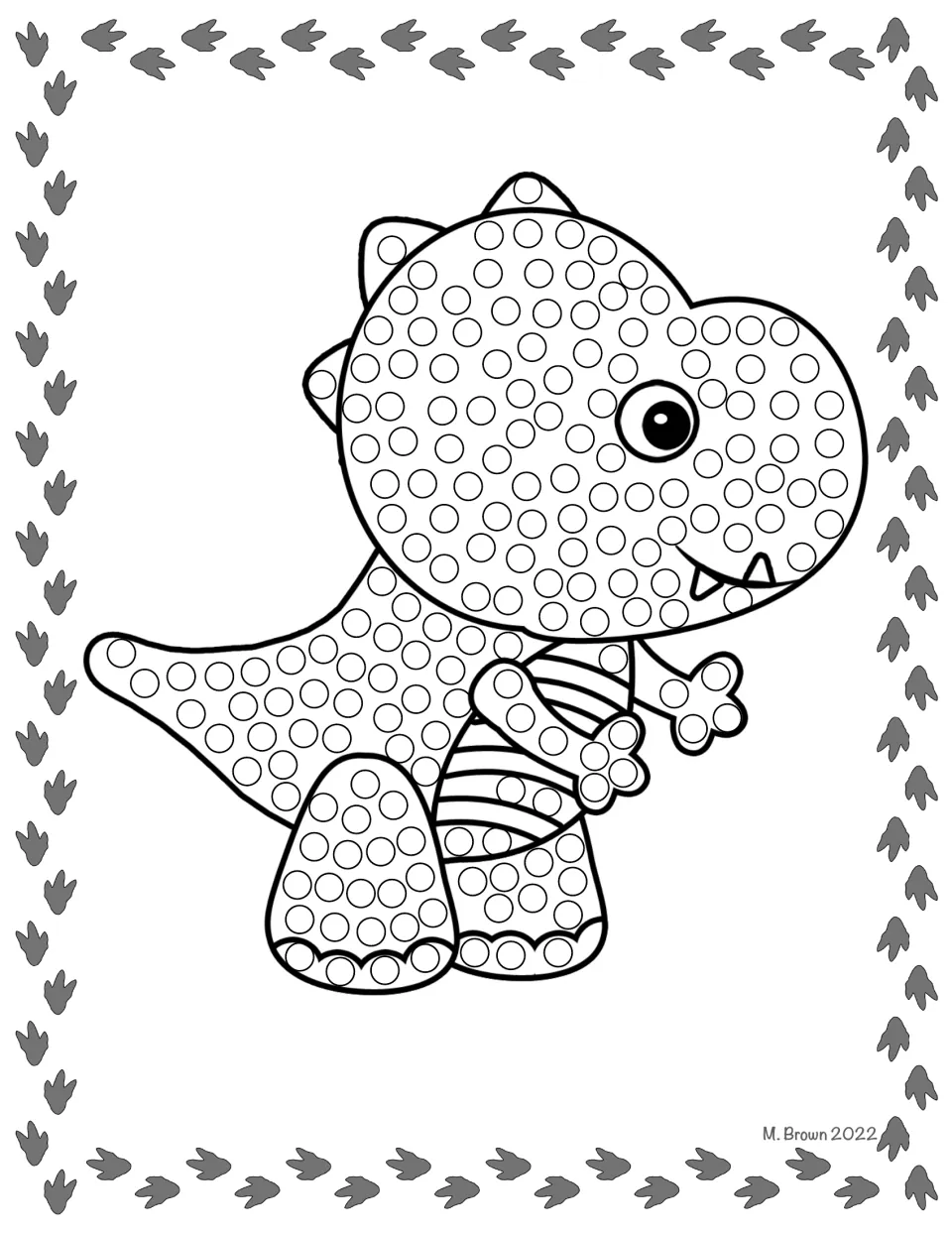 Baby dinosaur Q-tip dot art: students dot the circles on a big-eyed, smiling cartoon dinosaur with a striped belly
