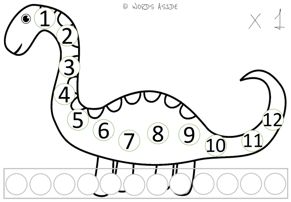 Repeated addition x 1 mat: students count by 1s from 1 to 12 along a dinosaur's neck, back and tail, with 12 blank circles