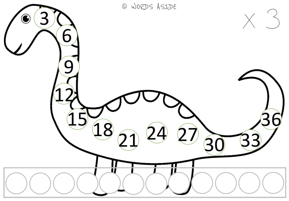 Repeated addition x 3 mat: students skip count by 3s from 3 to 36 along a dinosaur outline, with 12 blank circles below