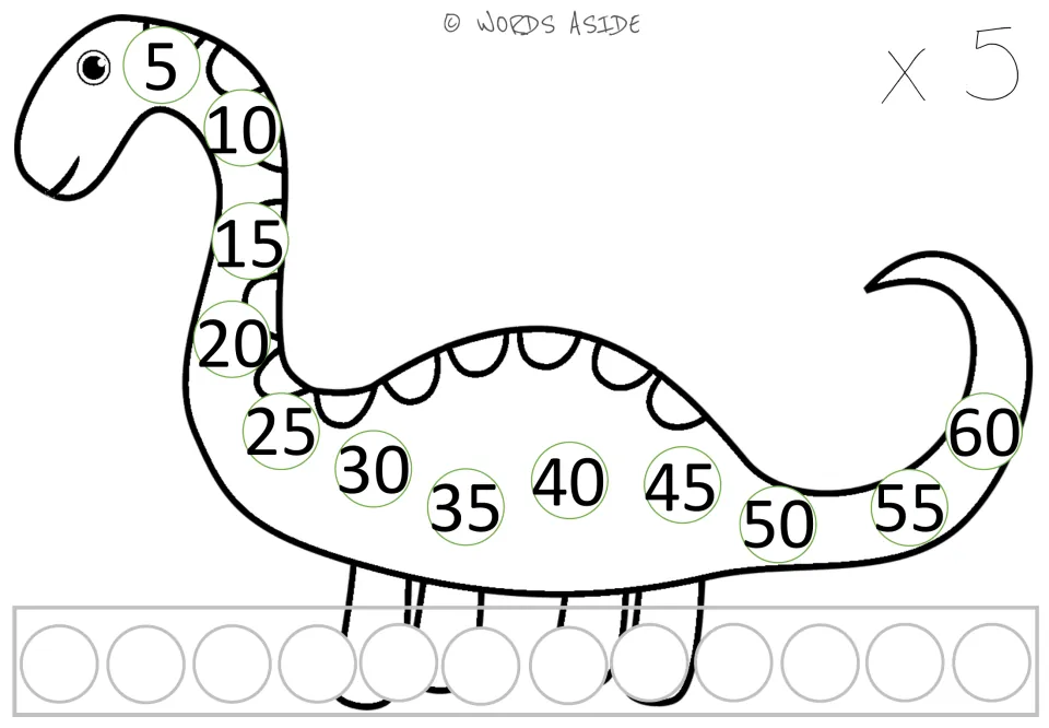 Repeated addition x 5 mat: students skip count by 5s from 5 to 60 along a dinosaur outline, with 12 blank circles below