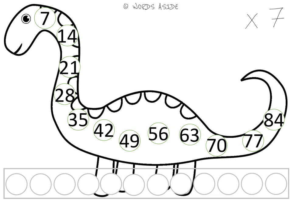 Repeated addition x 7 mat: students skip count by 7s from 7 to 84 along a dinosaur outline, with 12 blank circles below