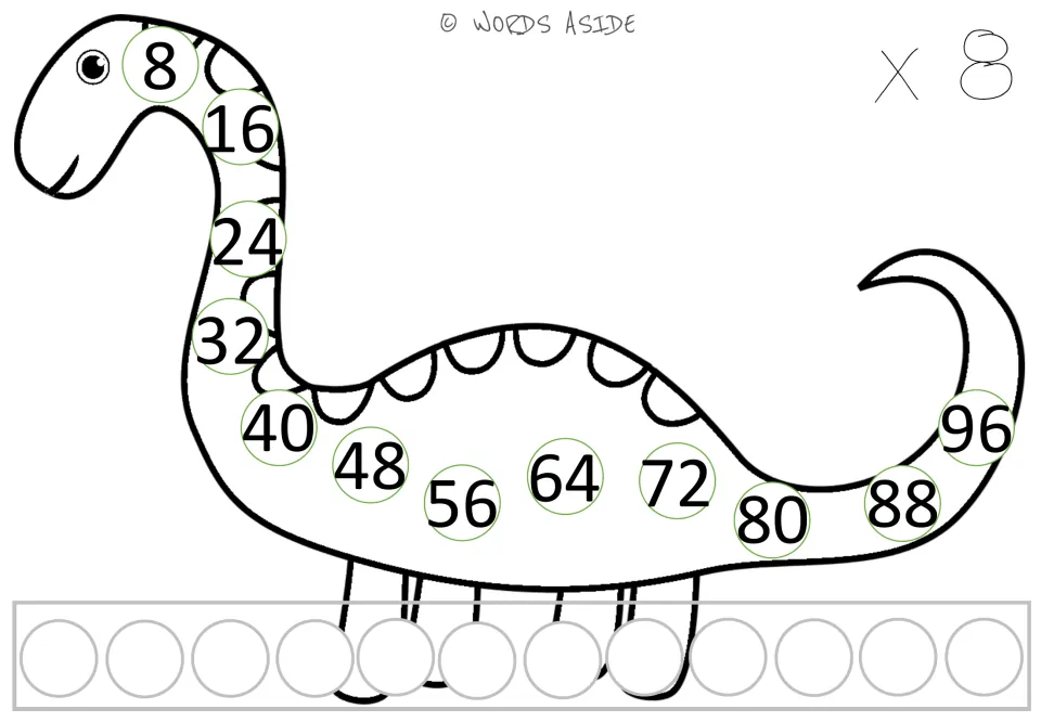 Repeated addition x 8 mat: students skip count by 8s from 8 to 96 along a dinosaur outline, with 12 blank circles below