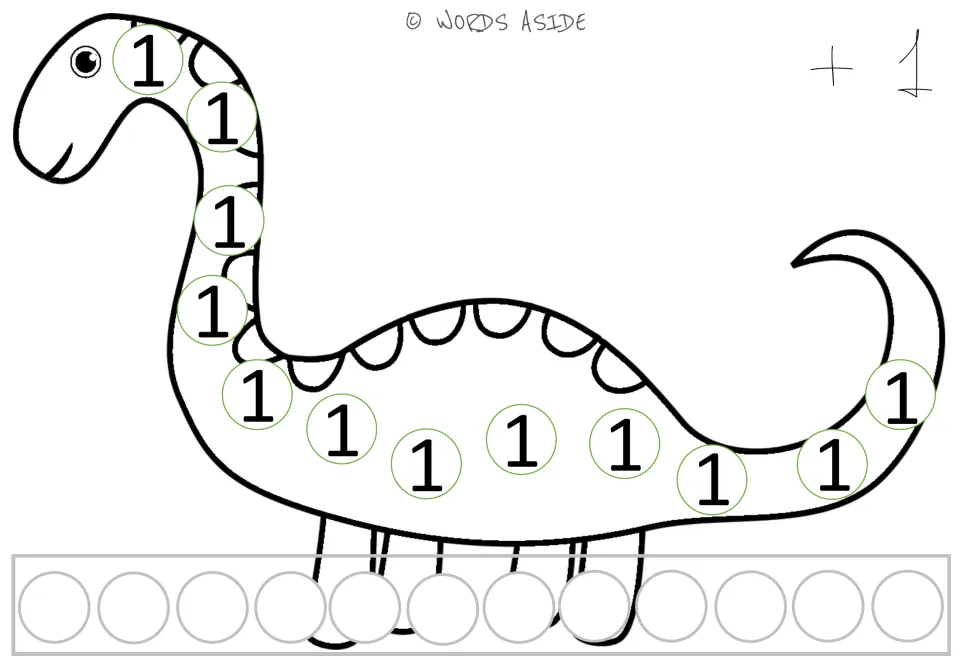 Repeated addition mat for 1: a dinosaur showing twelve 1s, a +1 prompt, and spaces to record responses.