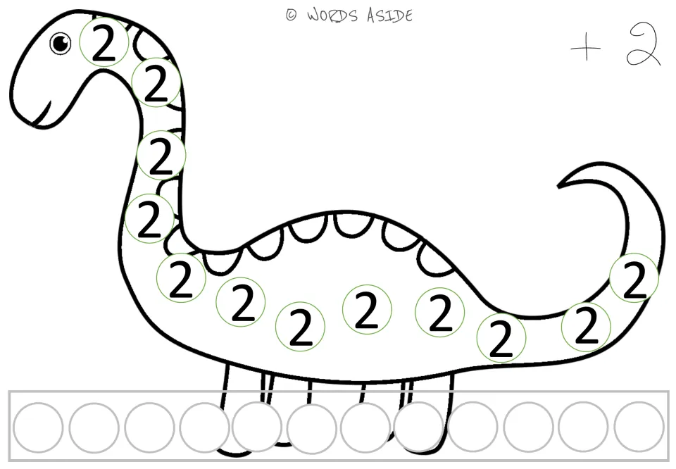 Repeated addition mat for 2: a dinosaur showing twelve 2s, a +2 prompt, and spaces to record responses.