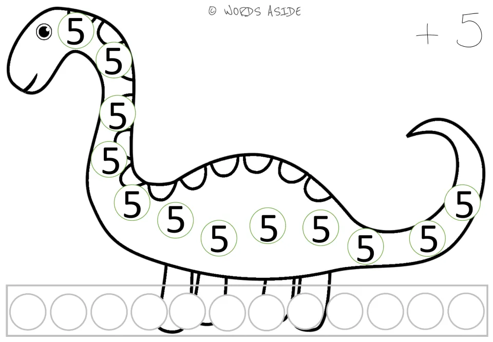 Repeated addition mat for 5: a dinosaur showing twelve 5s, a +5 prompt, and spaces to record responses.