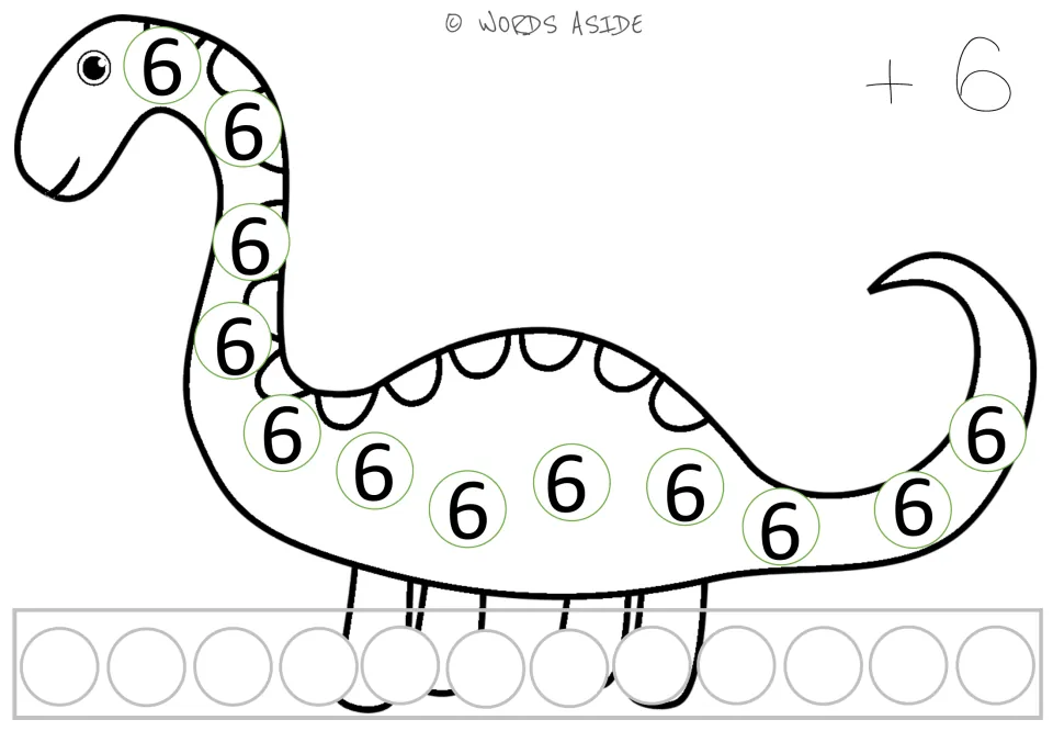 Repeated addition mat for 6: a dinosaur showing twelve 6s, a +6 prompt, and spaces to record responses.